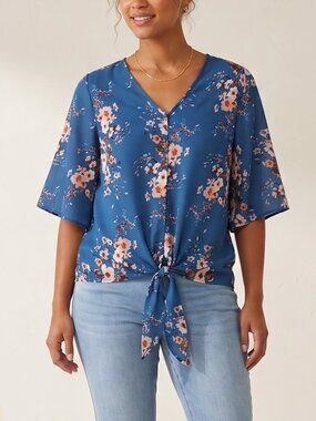 NWOT | Teal Blue Floral V-Neck Flutter Sleeve Tie-Front Top Small